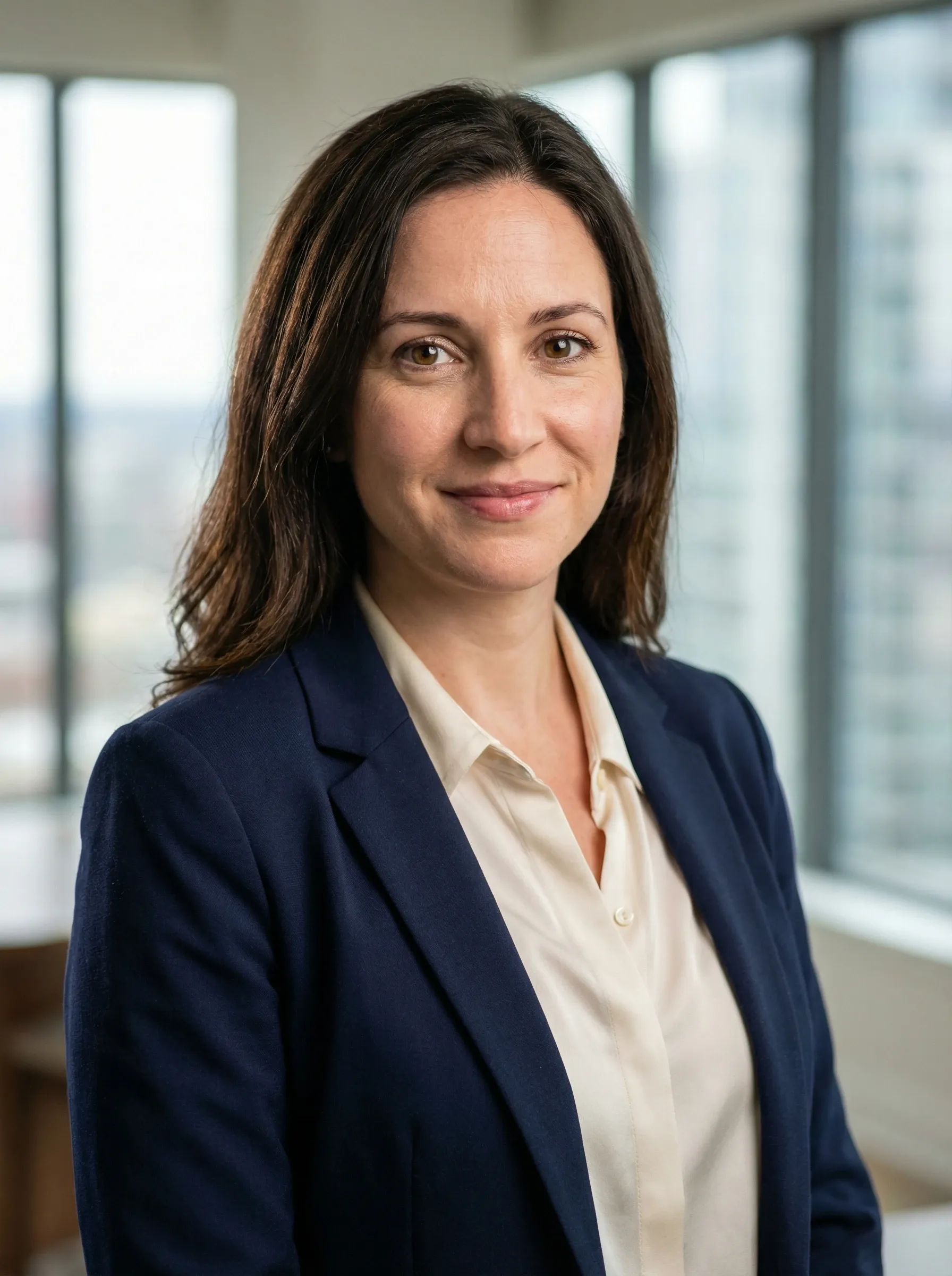 AI realtor headshot — woman in a navy blazer and ivory blouse in a high-rise office